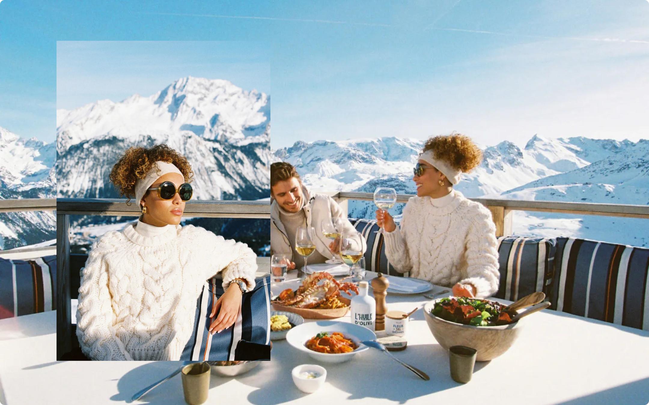 Affiche de personnes qui mangent dans une station de ski